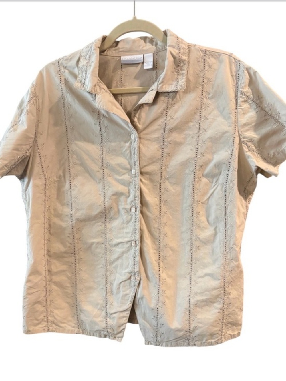Cascade Blue Embroidered Button Front Blouse  Beige Taupe Short Sleeve Top L